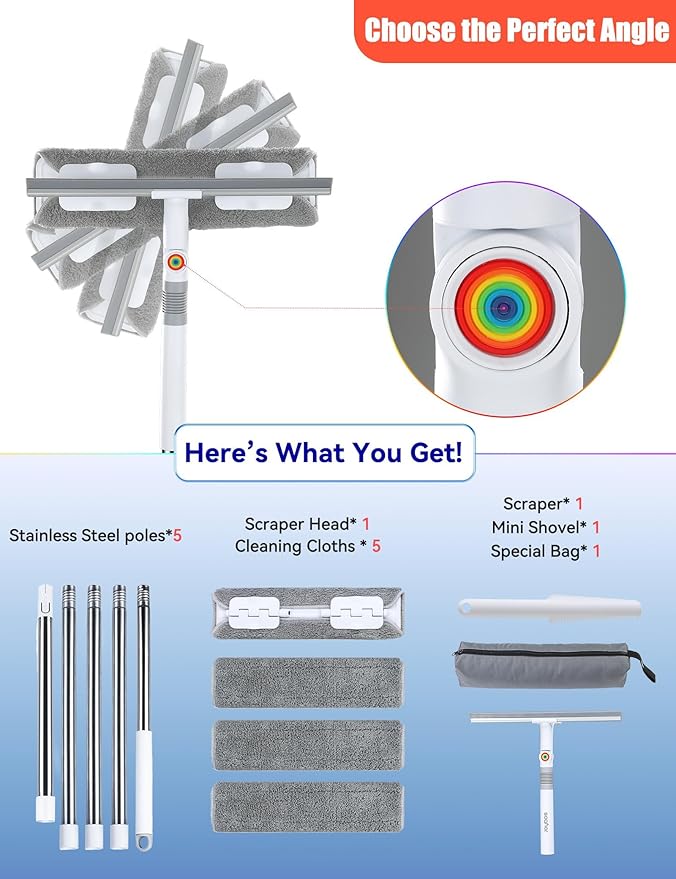 CTIME 80" Window Washing Kit with Extension Pole : Professional Window Cleaner Tool | Window Cleaning Squeegee Kit for High/Outdoor/Glass & Bathroom Surfaces with Storage Bag + 5 Microfiber Cloths