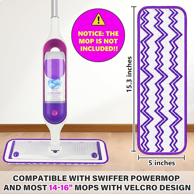 Reusable Mop Pads Compatible with Swiffer PowerMop, Microfiber Mop Pads Replacement Washable Mop Refills Pads for Dry Wet Mop, Spray Mops Pads Floor Mop Head for Hardwood Cleaning, 6 Pack