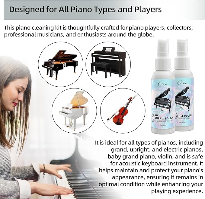 Calvana (2-Pack) 2-in-1 Piano Cleaner and Polish Kit, Includes 12x12 Microfiber Cleaning Cloth, Piano Accessories for Most Piano Surfaces, Grand Piano, Digital Piano, Baby Grand Piano, Violin, 4 OZ×2