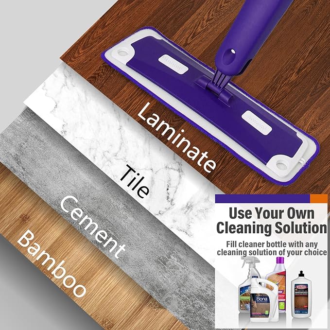 Mops for Floor Cleaning, Wet and Dry Spray Mop with Refillable Spray Bottle and 3 Washable Microfiber Pads Home or Commercial Use Flat Mop for Hardwood Laminate Wood Ceramic, Purple