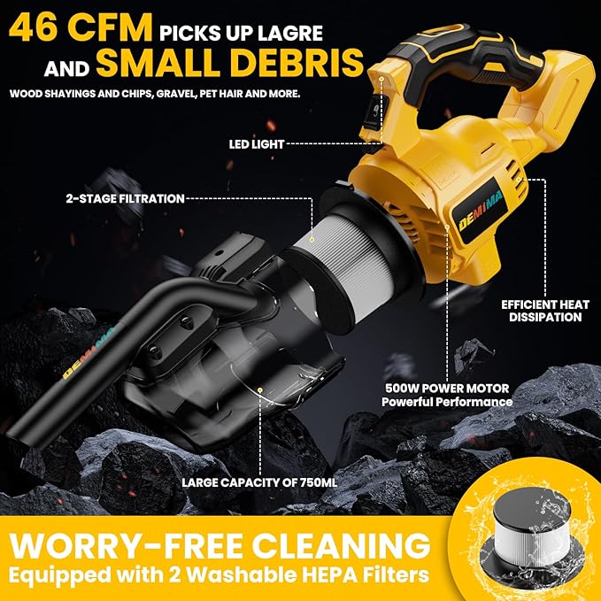 Cordless Vacuum for Dewalt Battery, 5 in 1 Lightweight Handheld Vacuum Cleaner with 500W Powerful Motor, 46 CFM Portable Hand Vacuum with Filtration HEPA for Floor, Carpet(Battery Not Included)