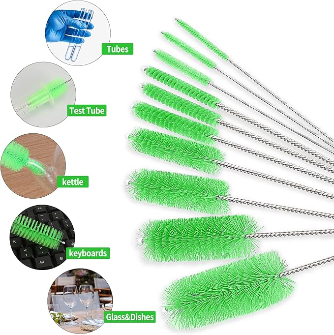 CiaraQ Bottle Cleaning Brushes, 8 Inch Nylon Tube Brush Set, Cleaner for Narrow Neck Bottles Cups with Hook, Set of 10pcs.