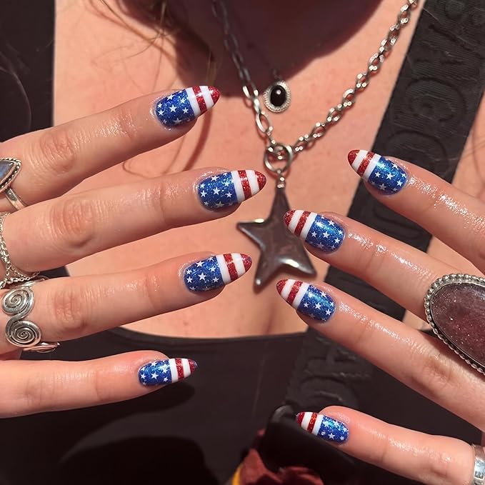 Nail Polish Strips, 32PCS Salon Quality Wraps, Long Lasting Gel Nail Stickers for Women Easy Apply& Remove (Fourth of July Independence Day)