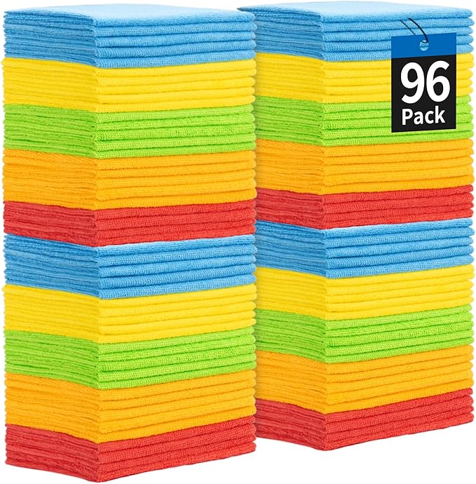 Microfiber Towels for Cars, 96 Pack Microfiber Cleaning Cloths, 11.5"*11.5" Cleaning Towels Bulk Absorbent Lint-Free, All-Purpose Rags for bar, Office, Household Cleaning