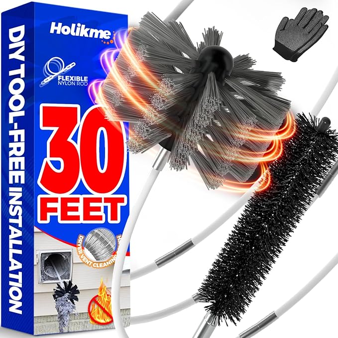 Holikme 30 Feet Dryer Vent Cleaner Kit,Flexible Lint Brush with Drill Attachment, Extends Up to 30 Feet for Easy Cleaning, Synthetic Brush Head, Use with or Without a Power Drill, Grey