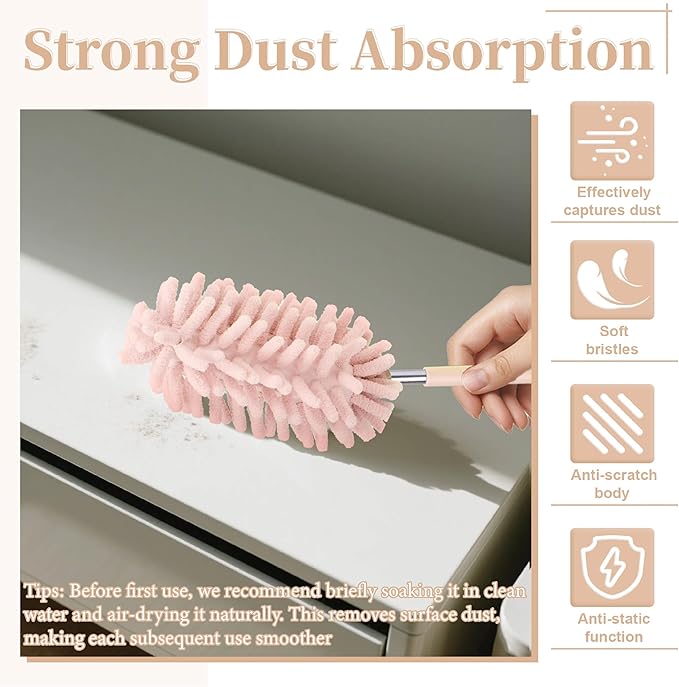 2 PCS Car Interior Duster with Extension Pole, Microfiber Car Duster with Bendable Head, Car Accessories Dusters Exterior&Interior Scratch Free, for Cleaning of Vehicle Details, Offices, Windows(Pink)