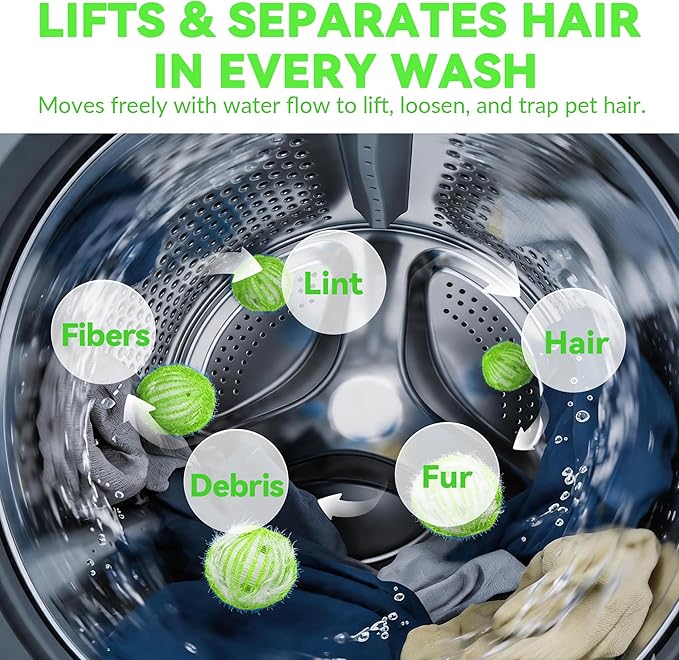 6 Pack Pet Hair Remover for Laundry, Reusable Dog & Cat Hair Catcher, Washer & Dryer Safe Laundry Balls, Anti-Tangle Design, Helps Remove Lint & Fur from Clothes, Bedding & Blankets (Green White)