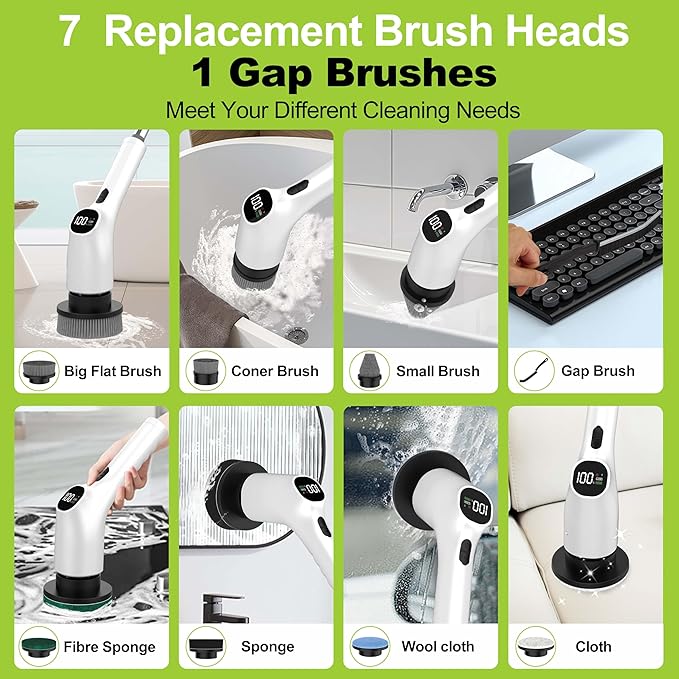 WKY-Electric Spin Scrubber - 10-in-1 Cordless Shower Scrubber & Cleaning Brush with Extendable Handle, 2 Speeds, IPX7 Waterproof Brush Heads, LED Display, Smart AI Chip,for Bathroom, Kitchen White