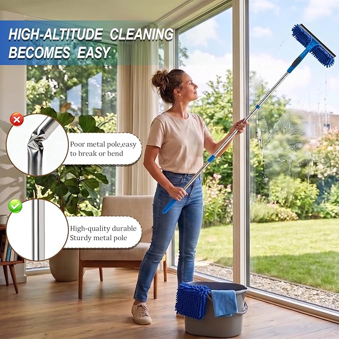 Professional 67" Window Squeegee, 3-in-1 Rotatable Squeegee for Window Cleaning with Extension Poles, Window Cleaner Tool Kit for Indoor & Outdoor High Windows and Car Glass