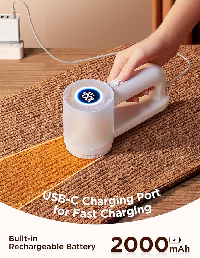 Rechargeable Fabric Shaver, Lint Remover for Clothes, Lint Shaver 6-Leaf Blades, 3-Speeds Lint Shaver with LED Display for Effortless Fuzz & Pill Removal for Clothes, Sweaters, Furniture, White