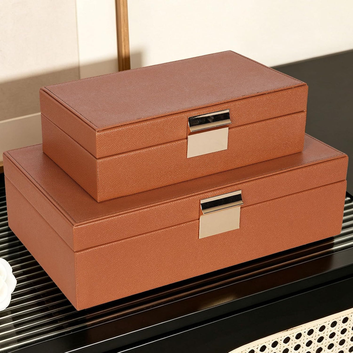 Decorative Storage Box Set of 2, PU Leather Organizer for Home Decor Brown