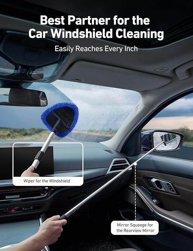 AstroAI Car Windshield Cleaner Tool, Window Cleaning Kit with 39in Car Mirror Squeegee, 4 Reusable Microfiber Pads and Extendable Handle, Blue