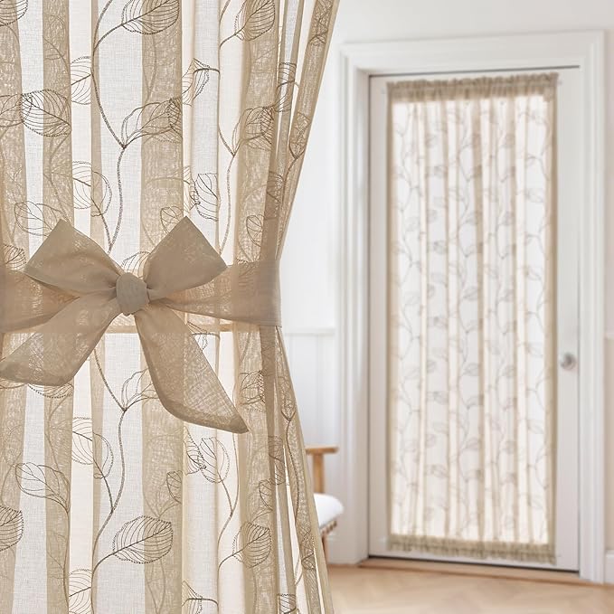 jinchan French Door Curtain Privacy Rustic Leaf Embroidered Semi Sheer Voile Front Curtain for Window Doorway Closet, Door Panel with Tieback Rod Pocket 1 Panel 55W x 72L Inch Beige