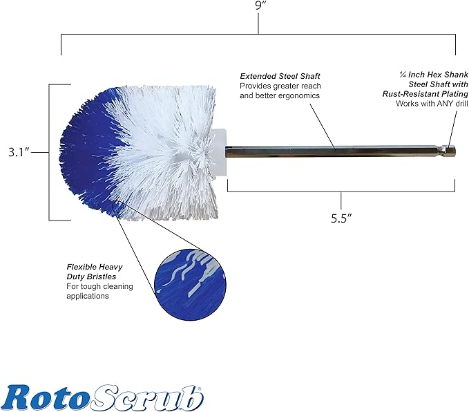 RotoScrub Long Reach Drill Brush Attachment, All Purpose for Car Tires, Toilets, Corners, Edges, Hard to Reach Areas, Heavy Duty Bristles