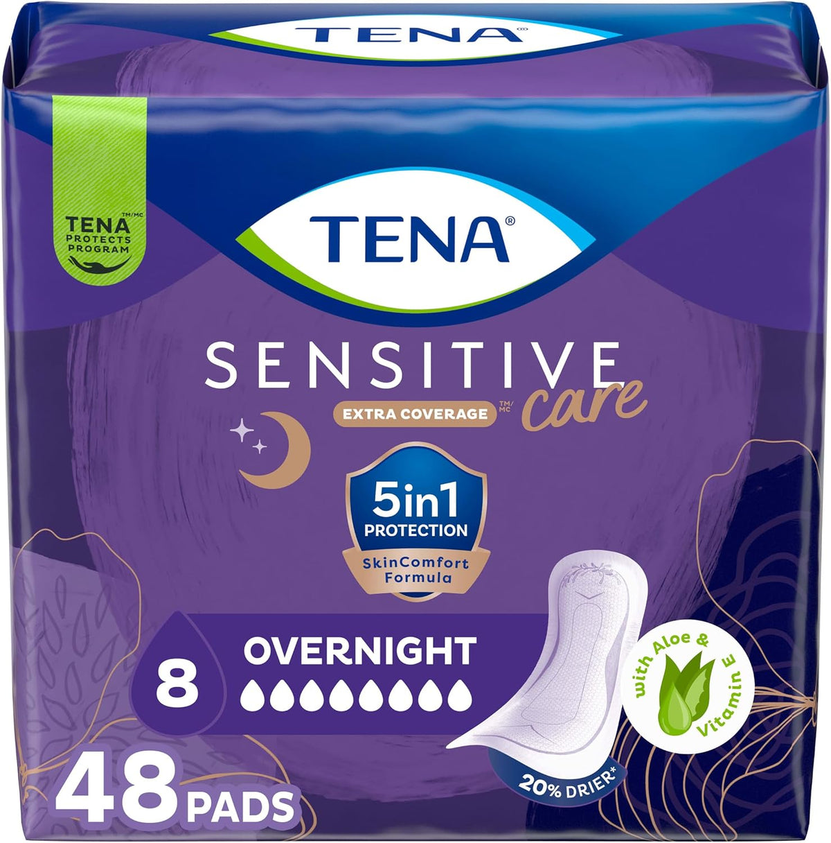 Sensitive Care Overnight Incontinence Pads Women, Extra Coverage, 48ct