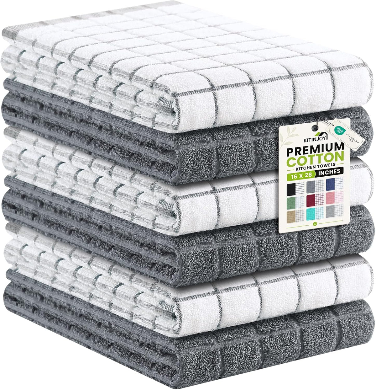 Premium 100% Cotton Terry Kitchen Towels 6 Pack, 16"x 28", Grey