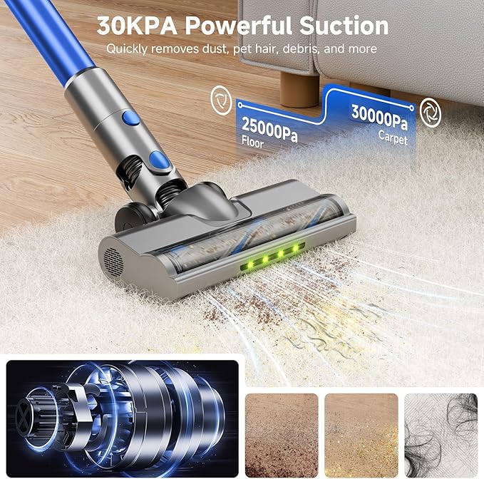 Cordless Vacuum Cleaner for Home, Powerful Stick Vacuum with Rechargeable Battery, Green Light Anti-Tangle Brush, 6-in-1 Lightweight Handheld Vacuum for Pet Hair, Hard Floor, Carpet, Blue
