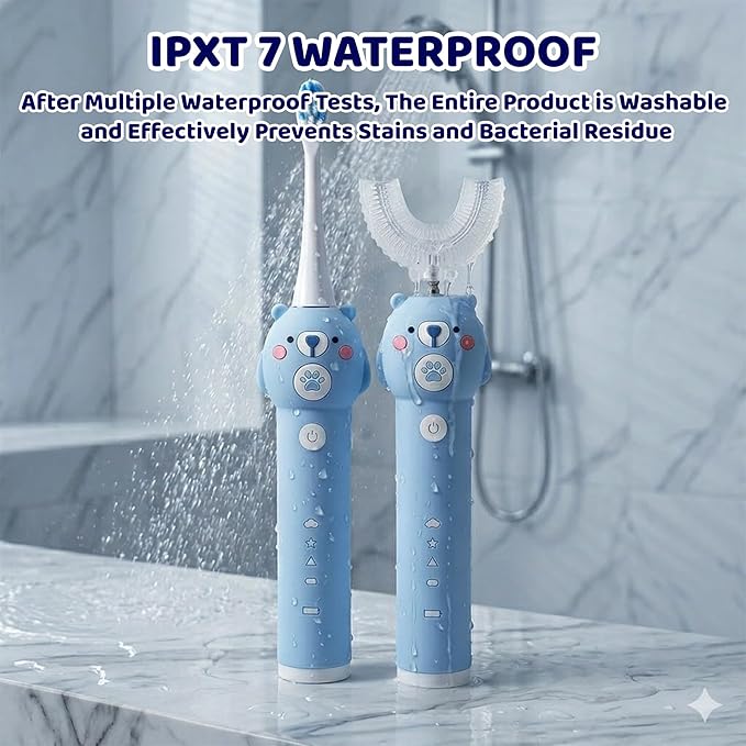 Kids Electric Toothbrush, with 4 Cleaning Modes, with 4 Brush Heads, Toddler U Shaped Toothbrush with 2 Soft Brush Head，Cartoon Bear 360-Degree Cleaning IPX7 Waterproof Design (Ages 2-16)