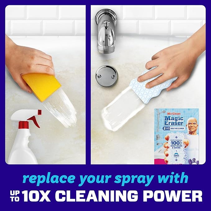 Mr. Clean Magic Eraser Sponge, Bathroom, Shower & Tub Cleaner, Soap Scum Remover, Bathroom Cleaning Supplies, Dawn Cleaning Power with Febreze Lavender Scent, 2 in 1 Bath, 7ct (Pack of 4)