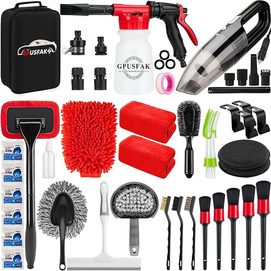 42Pcs Car Wash Cleaning Kit with Foam Gun Sprayer Detailing Brushes Car Vacuum Windshield Cleaning Tool Tire Brush Towels Complete Interior Exterior Detailing Set for Car
