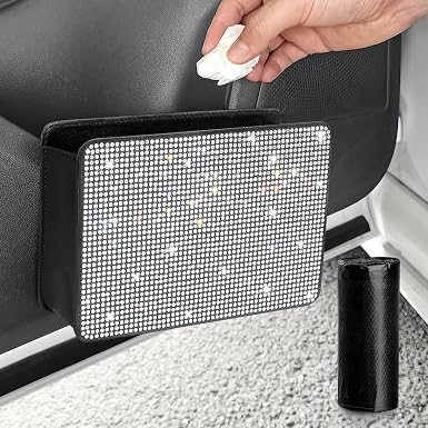 Accmor Bling Car Trash Can, Foldable Vehicle Trash Bin Dustbin Garbage Organizer Storage, Sparkling Crystal Rhinestone T
