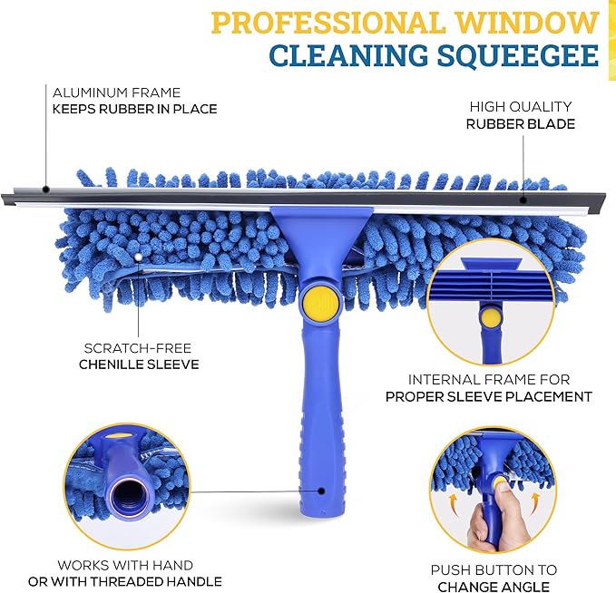 Kleen Handler 2-in-1 Window Squeegee Cleaning Combo, Glass Cleaner Tool for Commercial and Residential Use, 2 Reusable 12” Sleeves and 14” Blade
