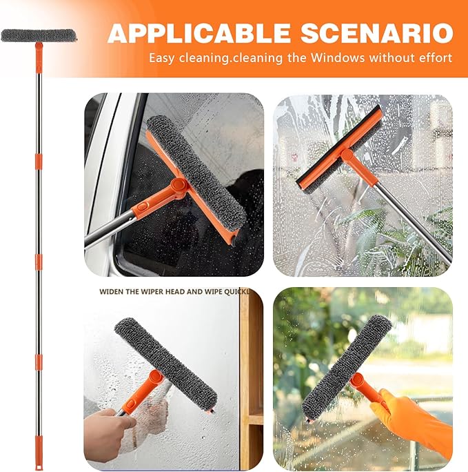 Professional 2 in 1 Window Squeegee with 68" Long Stainless Steel Handle,Microfiber Cloth and Rubber Car Window Squeegee for Gas Station, Glass,Shower