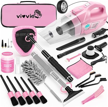 Pink Car Cleaning Kit, 25Pcs Detailing Kit Interior with 4-in-1 Power Handheld Vacuum Cleaner, Detailing Brush Set, 2-in