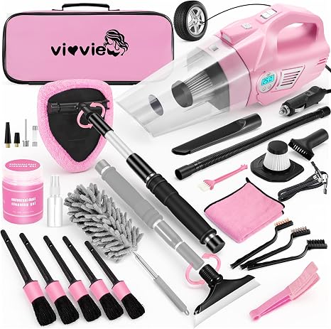Pink Car Cleaning Kit, 25Pcs Detailing Kit Interior with 4-in-1 Power Handheld Vacuum Cleaner, Detailing Brush Set, 2-in