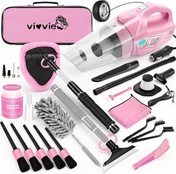 Pink Car Cleaning Kit, 25Pcs Detailing Kit Interior with 4-in-1 Power Handheld Vacuum Cleaner, Detailing Brush Set, 2-in