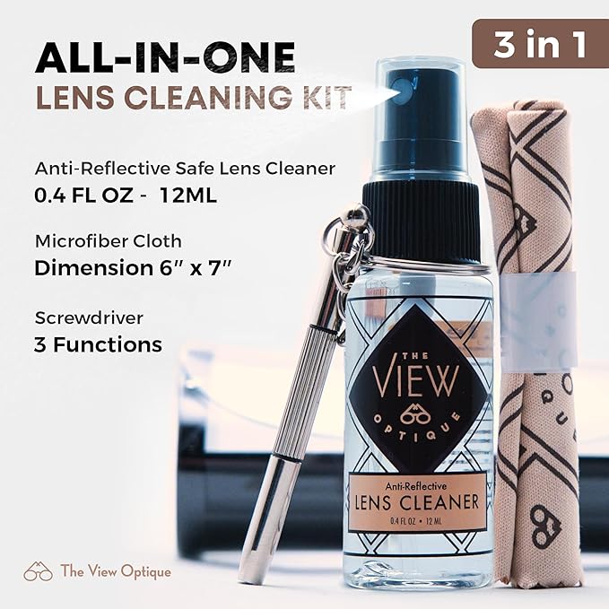Anti-Reflective Lens Cleaner & Repair Kit – 0.4oz Glasses Cleaner Spray, Microfiber Cloth & Keychain Screwdriver in a Vinyl Snap Case for Eyeglasses, Sunglasses & Screens(3 Piece Set)