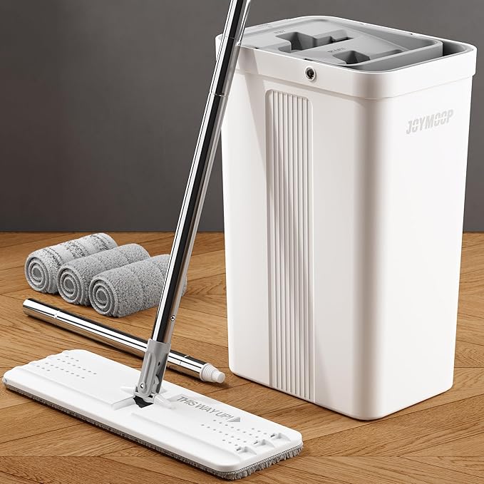 JOYMOOP Flat Mop System, Microfiber Mop and Bucket Set, White, Household & Commercial Floor Cleaning Mop with Long Handle, Includes 3 Microfiber Pads