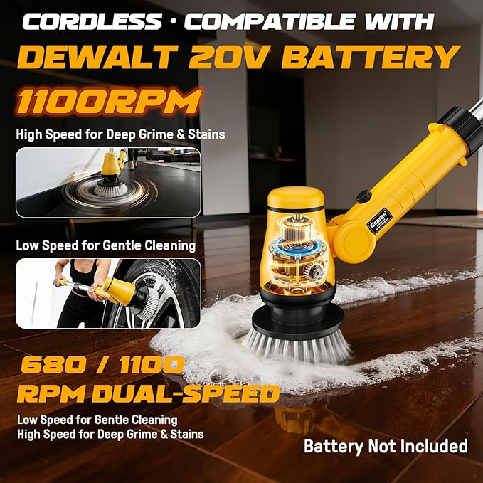 Electric Spin Scrubber Compatible with DeWalt 20V Battery, Ecarke Cordless Cleaning Brush with 4-Stage Handle, 8 Cleaning Heads for Bathroom/Floor/Kitchen/Tub/Tile, 2 Speeds – Tool Only