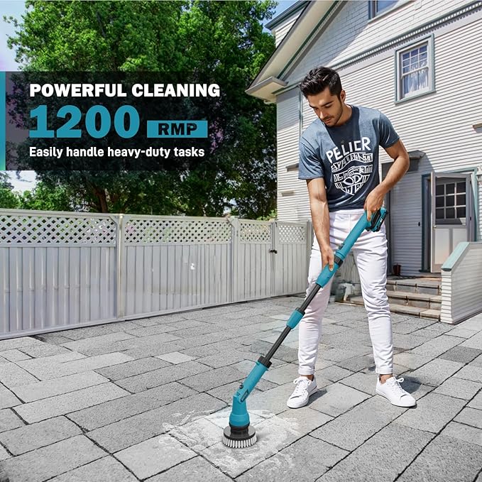 Alloyman 1200RPM Electric Spin Scrubber, Floor Cordless Cleaning Brush, 2 * 20V Replaceable Battery, Power Scrubber for Cleaning with 8 Brushes for Bathtub/Tub/Tile/Floor