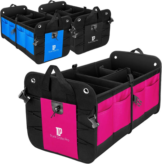 TRUNKCRATEPRO Save 16 per cent off Bundle of 3 collapsible portable multi compartments car trunk organizer for men and women (Pink, black and blue)