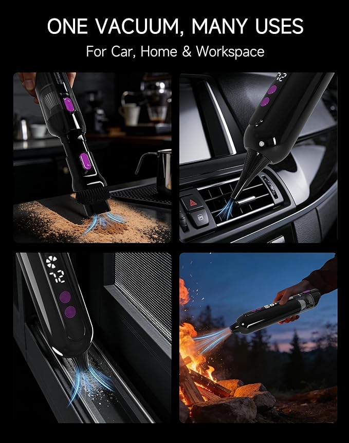 Handheld Car Vacuum Cleaner 15000Pa, Portable Cordless Mini Vacuum Blower 3 in 1, LED Display, Type C Rechargeable, Small Vacuum for Car Interior, Home, Desk Cleaning (Matte Black)