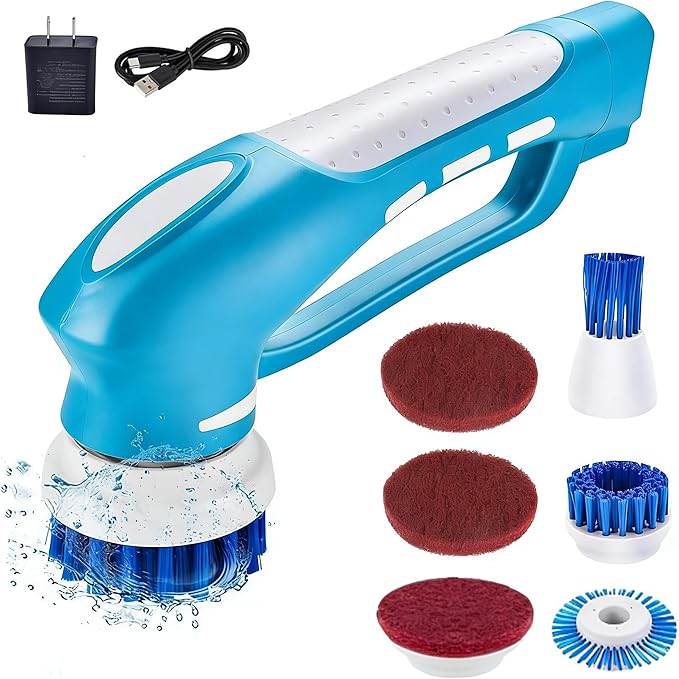 Cordless Electric Spin Scrubber with 6 Brush Heads & 2 Rechargeable Batteries, Power Scrubber for Shower Tile Grout Tub Bathroom Cleaning, IPX7 Waterproof Handheld Scrubber