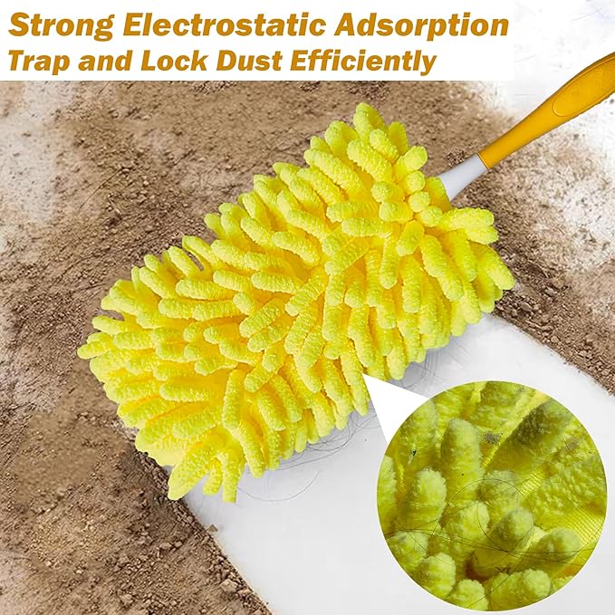 Reusable Duster for Swiffer, 360 Heavy Duty Duster Refill Compatible with Swiffer Hand Dusters for Dusting Furniture, Blinds, Ceiling Fans, Walls and More, 2 Refills +1 Handle, Yellow