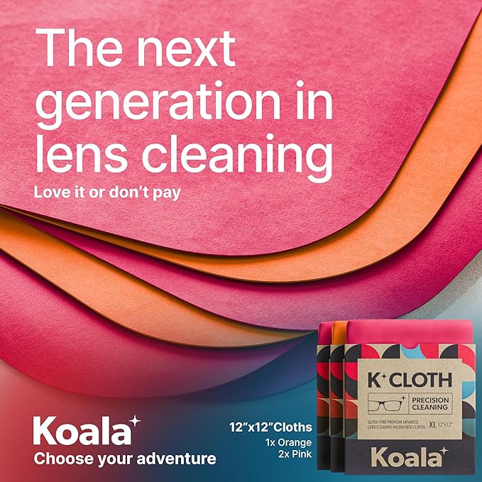 Koala Lens Cleaning Cloth | Japanese Microfiber | Glasses Cleaning Cloths | Eyeglass Lens Cleaner | Eyeglasses, Camera, VR/AR Headset, and Screen Cleaner | Pink & Orange (Pack of 3)