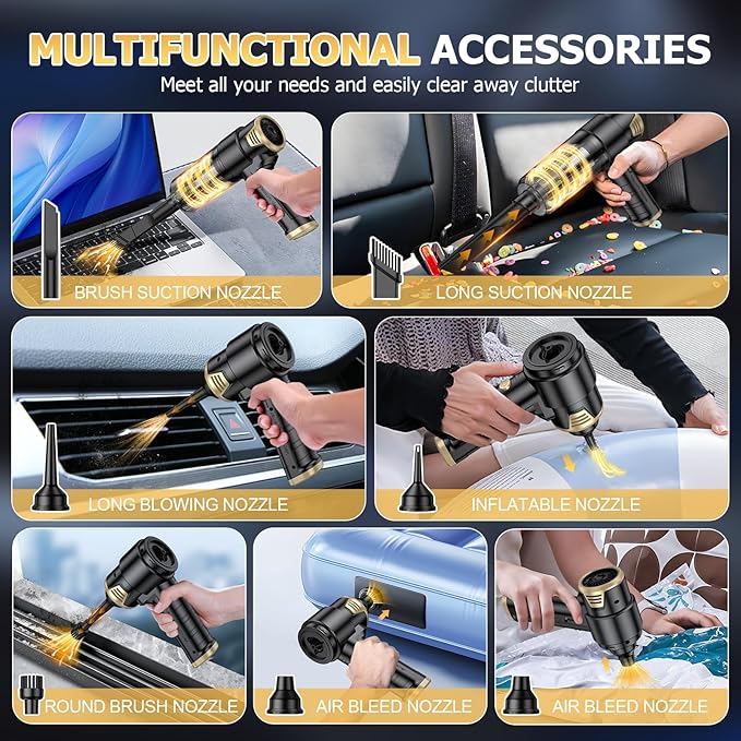 JONYJ Handheld Car Vacuum Cleaner Cordless, 16000PA Hand Held Vacuum Portable, 2 in 1 Air Duster and Mini Vacuum Cleaner Rechargeable with LED, Multi-Nozzles & Washable Filters for Home Office Car Pet