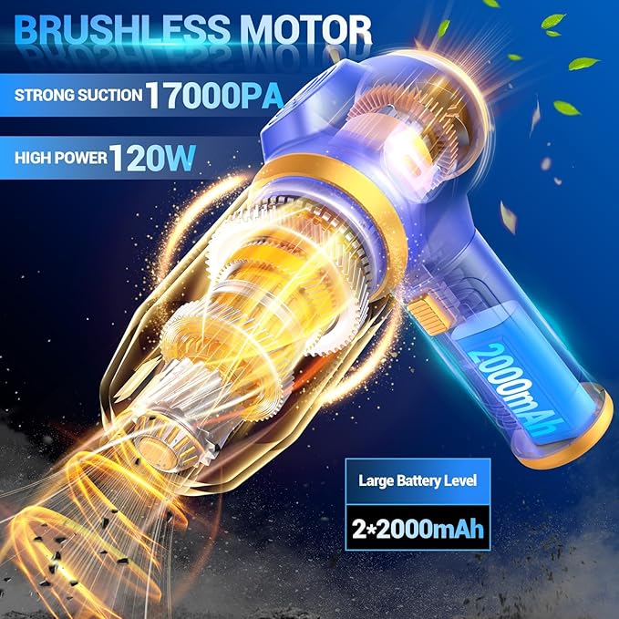 Car Vacuum Portable Cordless 17000Pa Mini Handheld Vacuums Blow and Suction with LCD Display and Multi-Nozzles, High Power for Car, Home, Office, Pet, Compact and Portable Design