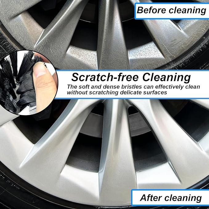 Wheel Brush Kit, Soft Drill Wheel Cleaner Brush, No Scratches Highly Dense Car Cleaning Brush Set for Wheels, Rims, Engines, Exhaust(White/Black,2Pcs)