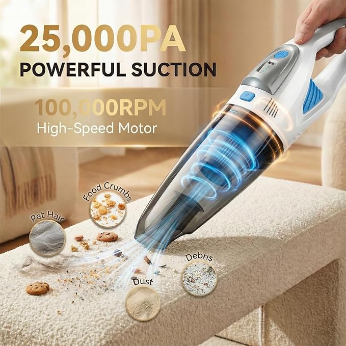 Handheld Vacuum Cordless, 25000Pa Powerful Suction Car Vacuum Portable Cordless with 8000mAh Battery & LED Light, Hand Held Vacuum Rechargeable with HEPA Filters, Home, Car Seats, Pet Hair White