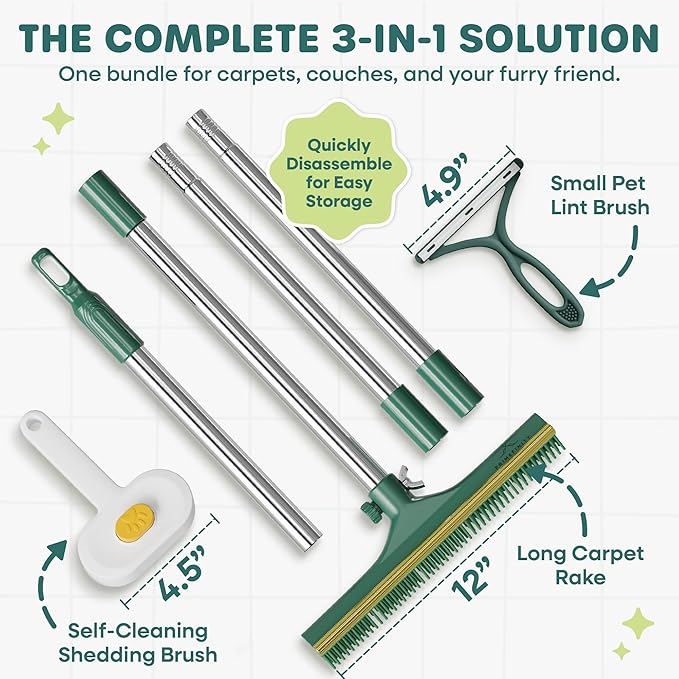 Carpet Rake for Pet Hair Removal, 60” Long Handle – Heavy-Duty Pet Hair Remover for Carpets, Rugs & Mats Cat Dog Fur Rakes Scraper Carpet Broom for Carpets with Copper Teeths