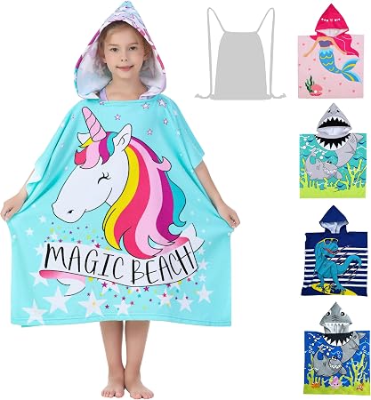 Unicorn Poncho Towel for Girls Ultra Soft Swimsuit Cover-ups for Ages 3 to 10 Years Big Kids Bath Beach and Pool