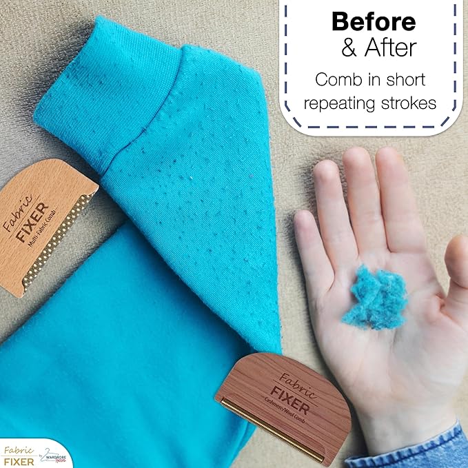 Cashmere Pill Remover Comb & Multi Fabric Shaver Depilling Sweater Fuzz Comb Set (Cedar & Beech Wood) Wool Pilling Remover for Delicate Clothing Fabrics, Furniture, Pillows, Sheets by Fabric Fixer