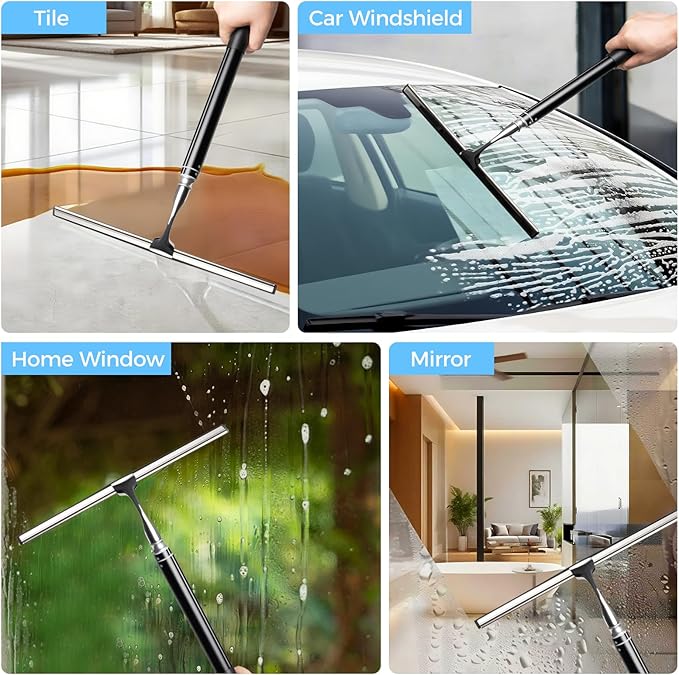 16.7“- 59.5" Long Handle Window Squeegee with Extension Pole, 12.4" Wide Metal Shower Squeegee for Glass Doors, 2-in-1 Squeegee for Home Window Cleaning, Tile Wall, Car (Silver)