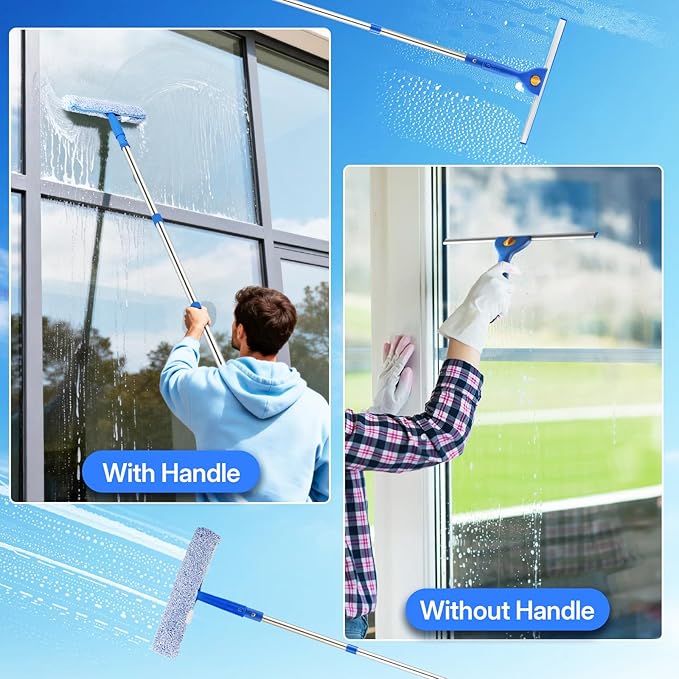 Professional Window Cleaning Kit with Bucket 3 Gallon, 76" Long Handle Window Squeegee and Microfiber Scrubber, High Windows Washing Equipment, Window Cleaner Tool for Commercial, Home, Outdoor, Car