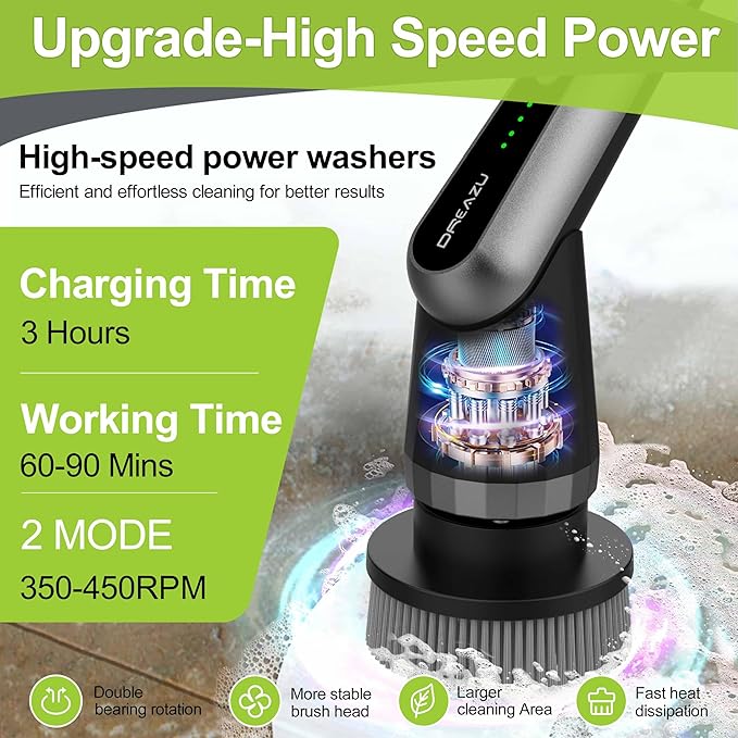 Dreazu Pro Electric Spin Scrubber, 12-in-1 Shower Scrubber & Retractable Long Handle, 44 lbs High-Torque & Variable Speed Shower Cleaning Brush for Bathroom,Toilet, Bathtub, Kitchen, Tile Floors, Car