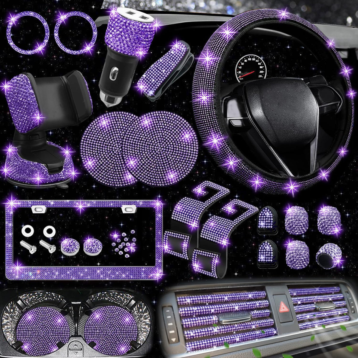 27 PCs Purple Violet Bling Car Accessories Set for Women, Steering Wheel Covers Universal Fit 15 Inch, Bling License Plate Frame, Bling Phone Holder, Bling Car Coasters